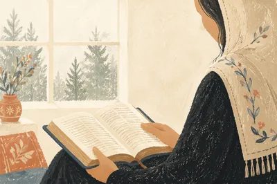 Woman Reading Bible by Evergreen Window