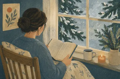 Woman Reading Bible Beside Snowy Evergreen Window