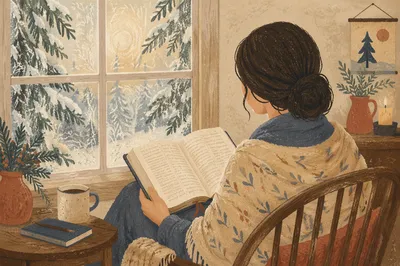 Woman Reading Bible by Snowy Evergreen Window