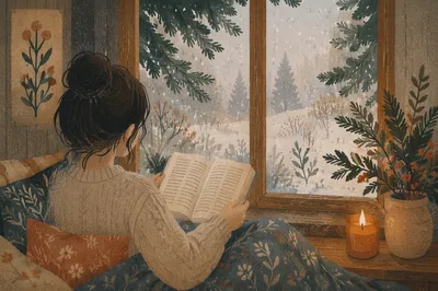 Woman Reading Bible by Rainy Evergreen Window