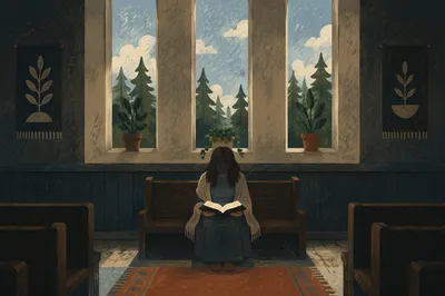 Woman Reading Bible by Evergreen Window