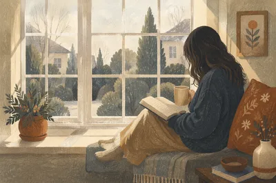 Woman Reading Bible by Winter Window