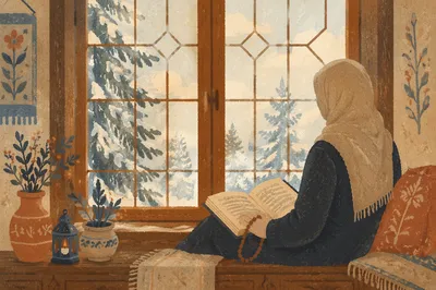 Woman Reading Bible by Winter Window
