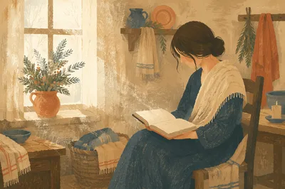 Woman Reading Bible Beside Winter Window