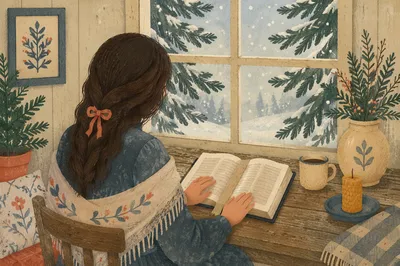 Woman Reading Bible Beside Winter Window