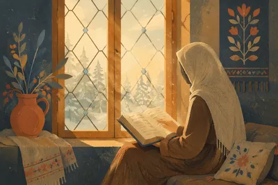 Quiet Bible Reading by Evergreen Window