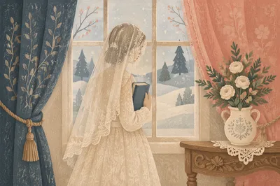 Veiled Woman Reading Bible by Winter Window