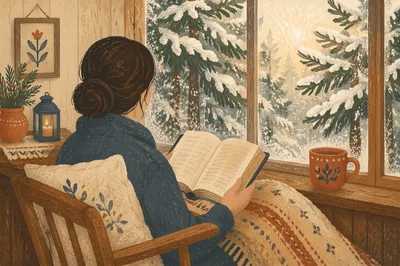 Woman Reading Bible Beside Snowy Evergreen Window