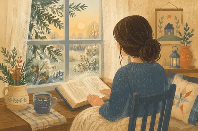 Woman Reading Bible by Frosted Farmhouse Window