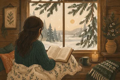Woman Reading Bible in Winter Cabin Window