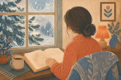 Quiet Bible Reading by Snowy Window