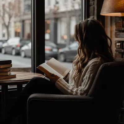 Woman Reading Bible by Cafe Window