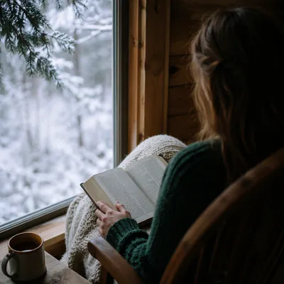 Woman Reading Bible Beside Snowy Evergreen Window