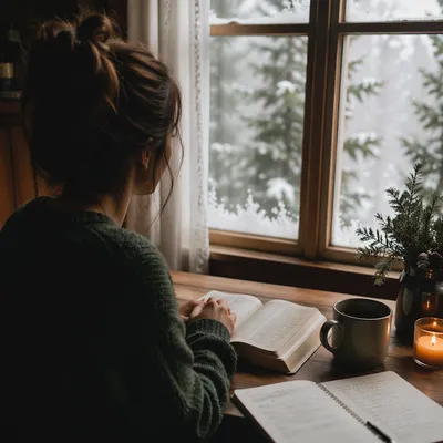 Quiet Winter Bible Reading by Window