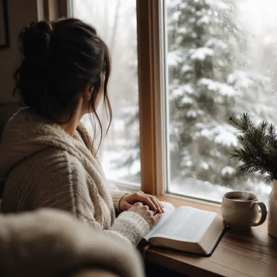 Woman Reading Bible by Snowy Window