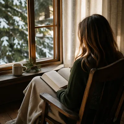 Woman Reading Bible Beside Snowy Evergreen Window