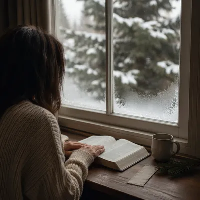 Quiet Morning Bible Reading by Snowy Window