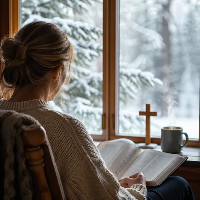 Quiet Morning Bible Reading by Snowy Window