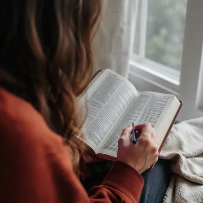 Woman Reading Bible Beside Bright Window