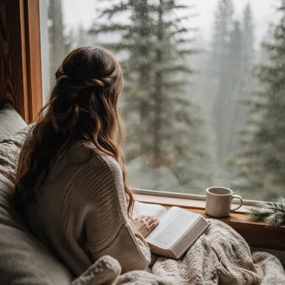 Woman Reading Bible by Rainy Evergreen Window