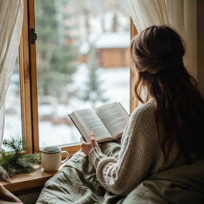 Woman Reading Bible in Winter Window Nook