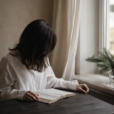 Woman Reading Bible by Bright Window