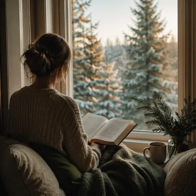 Woman Reading Bible by Frosted Window