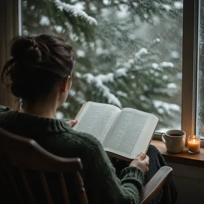 Woman Reading Bible Beside Snowy Evergreen Window