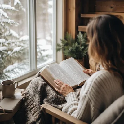 Quiet Bible Reading by Snowy Window