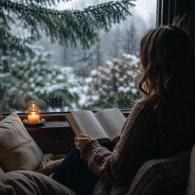 Woman Reading Bible by Rainy Evergreen Window
