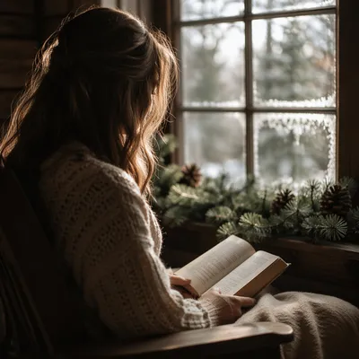 Woman Reading Bible by Frosted Window