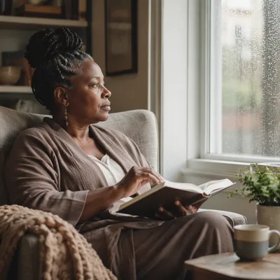 Reflective Woman Reading Bible by Window