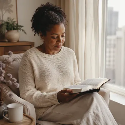 Peaceful Woman Reading Bible by Window