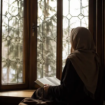 Woman Reading Bible by Winter Window