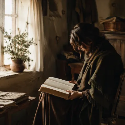 Woman Reading Bible by Winter Window
