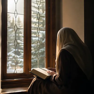 Woman Reading Bible Beside Winter Window