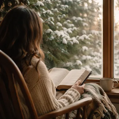 Quiet Bible Reading by Snowy Window
