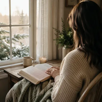 Peaceful Bible Reading by Winter Window