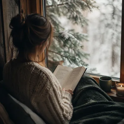 Woman Reading Bible in Winter Cabin Window