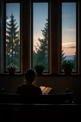 Woman Reading Bible in Chapel Window Light
