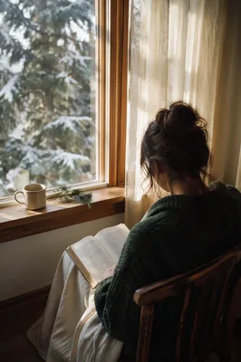 Woman Reading Bible Beside Snowy Evergreen Window