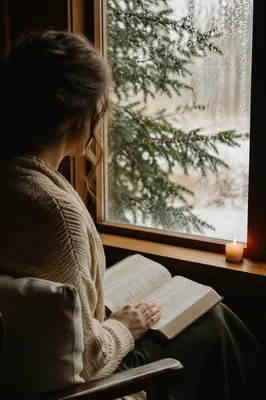 Woman Reading Bible by Rainy Cottage Window