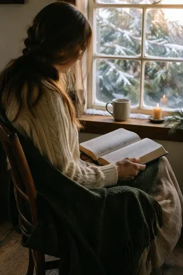 Woman Reading Bible by Snowy Evergreen Window