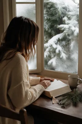 Quiet Bible Reading by Snowy Window