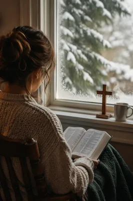 Morning Bible Reading by Snowy Cottage Window