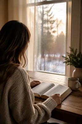 Woman Reading Bible by Winter Window