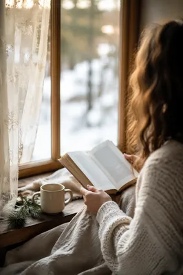 Woman Reading Bible in Winter Window Nook