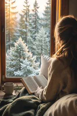 Woman Reading Bible by Frosted Evergreen Window