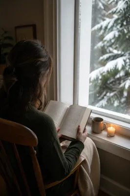 Woman Reading Bible by Snowy Evergreen Window