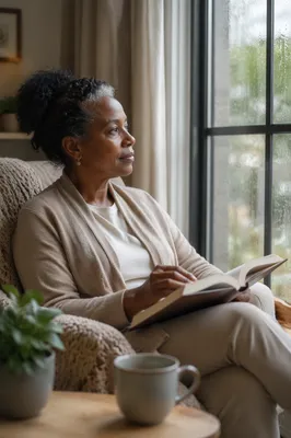 Woman Reading by Rainy Window